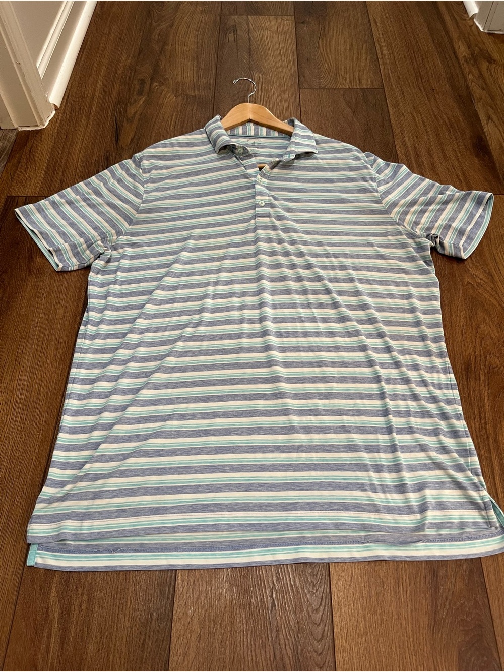 Johnnie-O Thimi Top Shelf Performance Golf Polo Shirt Men XL Striped Blue Aqua